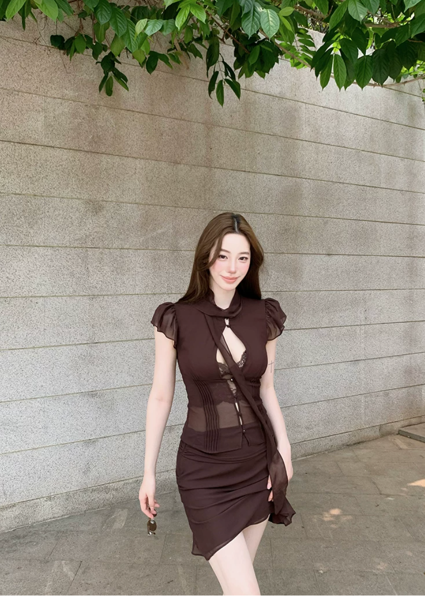hollow tie neck top, hip wrap skirt set, mermaid skirt set, Korean feminine set, ruffled shirt set, sheer panel two piece set, keyhole top and skirt, romantic skirt set, fitted two piece outfit, date night outfit, elegant Korean fashion, feminine co ord set, caramel brown skirt set, pure desire outfit, summer skirt set