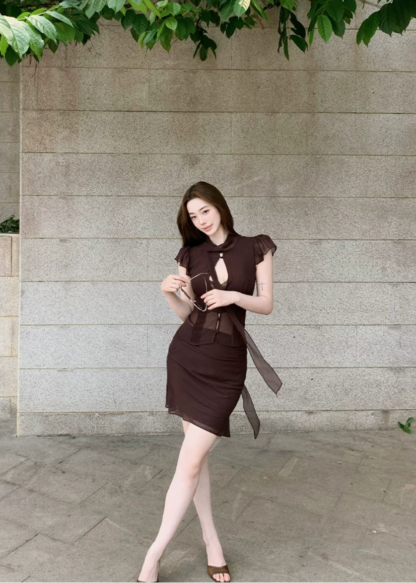 hollow tie neck top, hip wrap skirt set, mermaid skirt set, Korean feminine set, ruffled shirt set, sheer panel two piece set, keyhole top and skirt, romantic skirt set, fitted two piece outfit, date night outfit, elegant Korean fashion, feminine co ord set, caramel brown skirt set, pure desire outfit, summer skirt set