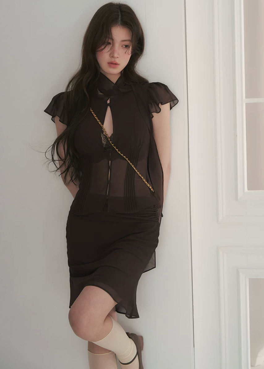 hollow tie neck top, hip wrap skirt set, mermaid skirt set, Korean feminine set, ruffled shirt set, sheer panel two piece set, keyhole top and skirt, romantic skirt set, fitted two piece outfit, date night outfit, elegant Korean fashion, feminine co ord set, caramel brown skirt set, pure desire outfit, summer skirt set