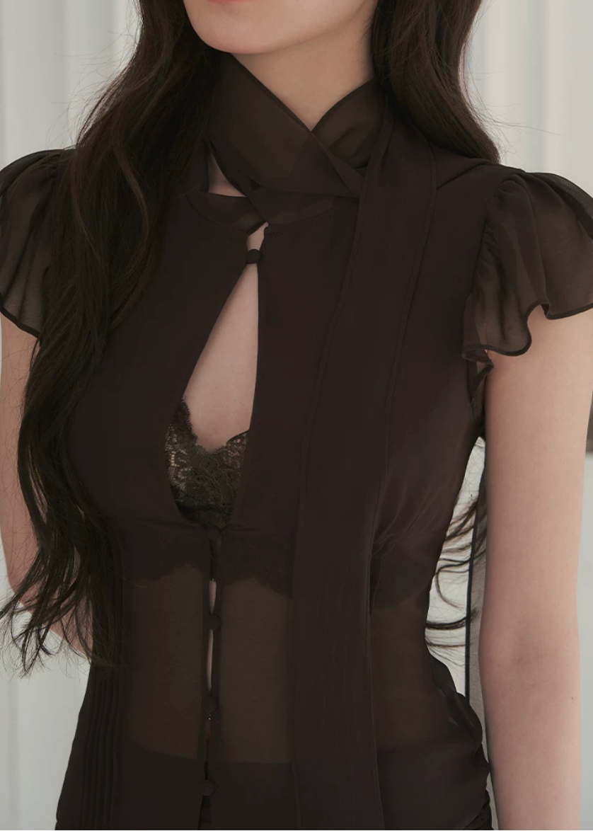 hollow tie neck top, hip wrap skirt set, mermaid skirt set, Korean feminine set, ruffled shirt set, sheer panel two piece set, keyhole top and skirt, romantic skirt set, fitted two piece outfit, date night outfit, elegant Korean fashion, feminine co ord set, caramel brown skirt set, pure desire outfit, summer skirt set