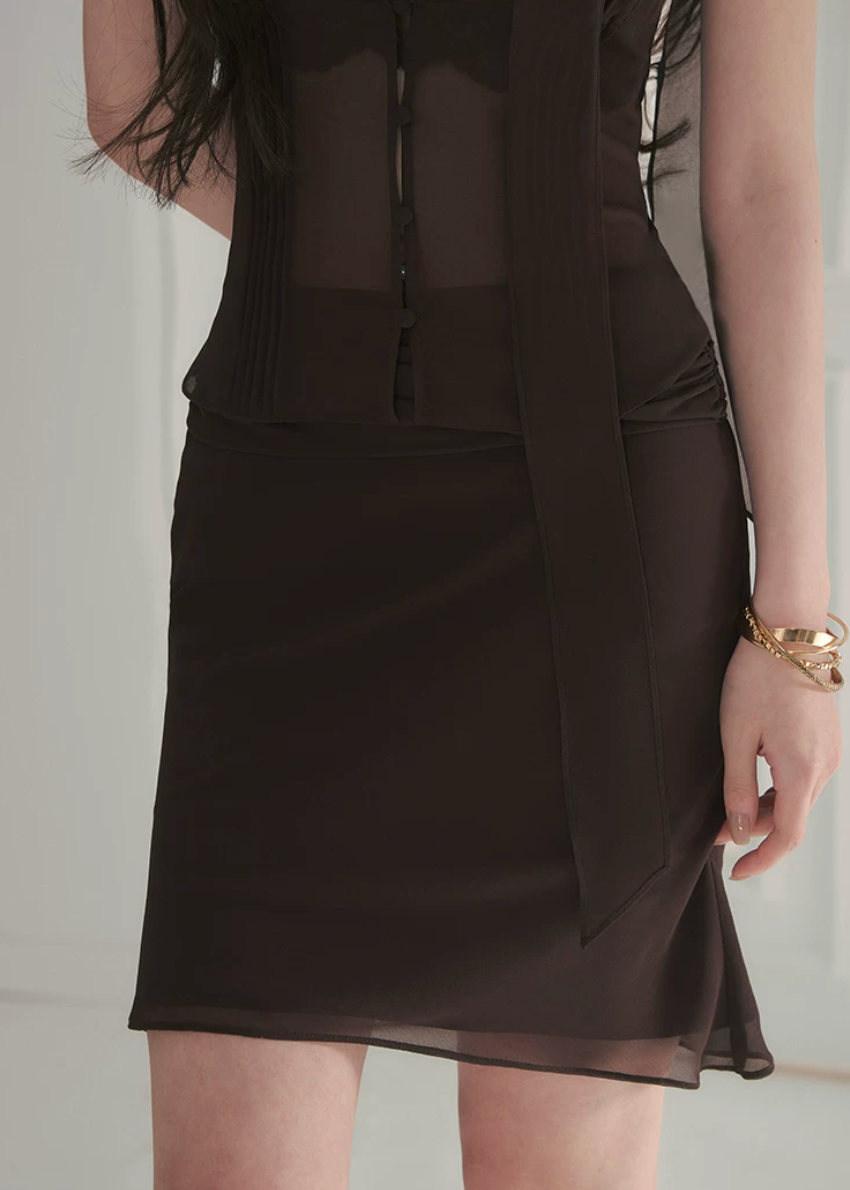 hollow tie neck top, hip wrap skirt set, mermaid skirt set, Korean feminine set, ruffled shirt set, sheer panel two piece set, keyhole top and skirt, romantic skirt set, fitted two piece outfit, date night outfit, elegant Korean fashion, feminine co ord set, caramel brown skirt set, pure desire outfit, summer skirt set