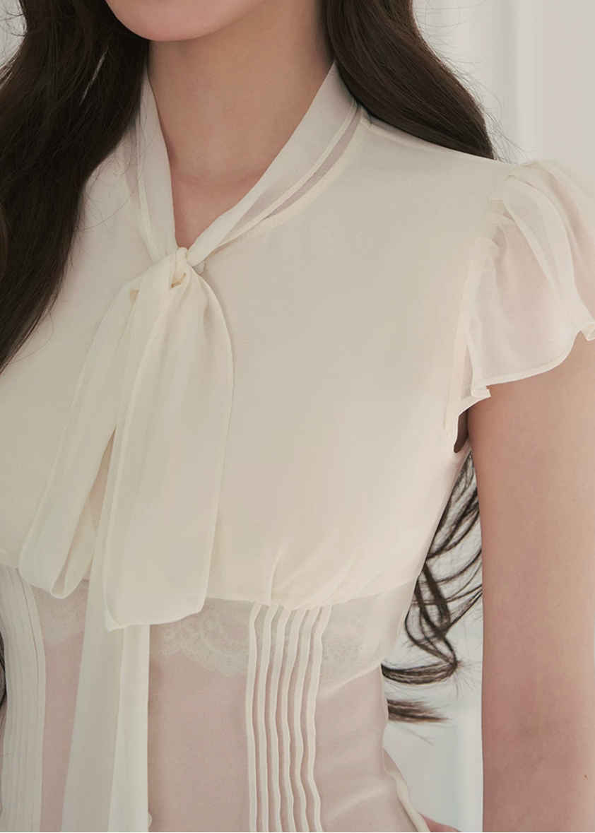 hollow tie neck top, hip wrap skirt set, mermaid skirt set, Korean feminine set, ruffled shirt set, sheer panel two piece set, keyhole top and skirt, romantic skirt set, fitted two piece outfit, date night outfit, elegant Korean fashion, feminine co ord set, caramel brown skirt set, pure desire outfit, summer skirt set