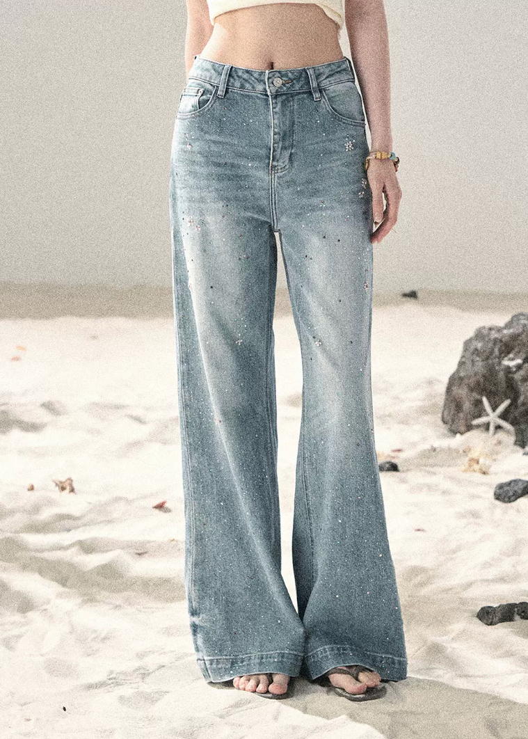 aomalm jeans, wide leg jeans women, sequin jeans, galaxy denim pants, korean feminine jeans, straight wide leg denim, summer jeans women, pear shape jeans, vintage blue jeans, cotton denim trousers, stardust jeans, feminine korean fashion