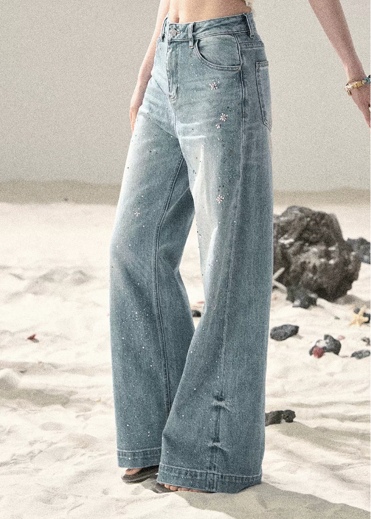 aomalm jeans, wide leg jeans women, sequin jeans, galaxy denim pants, korean feminine jeans, straight wide leg denim, summer jeans women, pear shape jeans, vintage blue jeans, cotton denim trousers, stardust jeans, feminine korean fashion