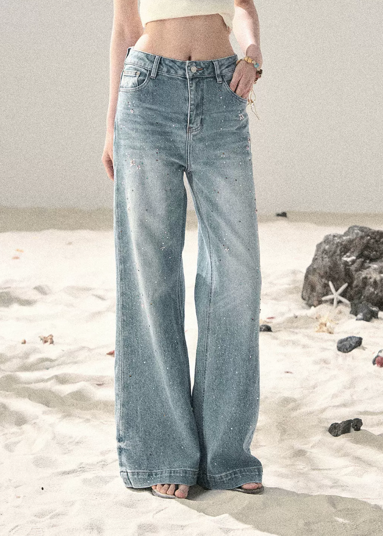 aomalm jeans, wide leg jeans women, sequin jeans, galaxy denim pants, korean feminine jeans, straight wide leg denim, summer jeans women, pear shape jeans, vintage blue jeans, cotton denim trousers, stardust jeans, feminine korean fashion