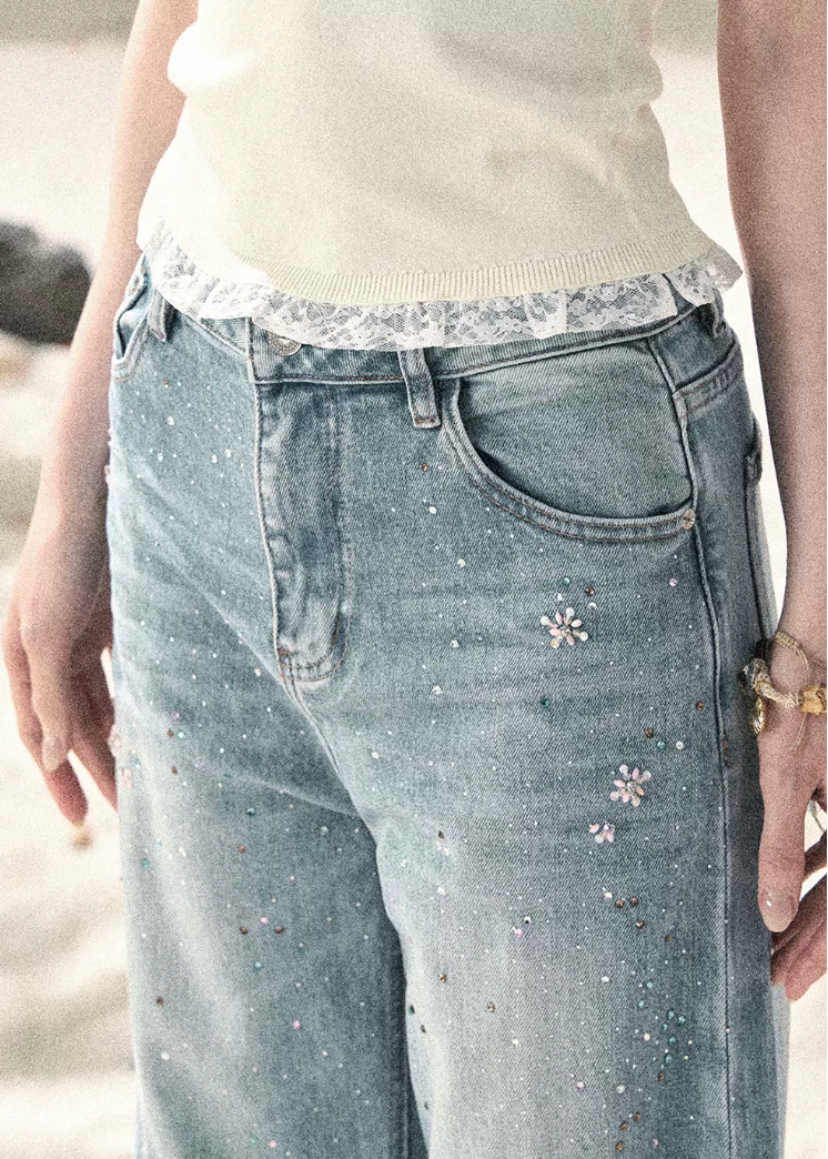 aomalm jeans, wide leg jeans women, sequin jeans, galaxy denim pants, korean feminine jeans, straight wide leg denim, summer jeans women, pear shape jeans, vintage blue jeans, cotton denim trousers, stardust jeans, feminine korean fashion