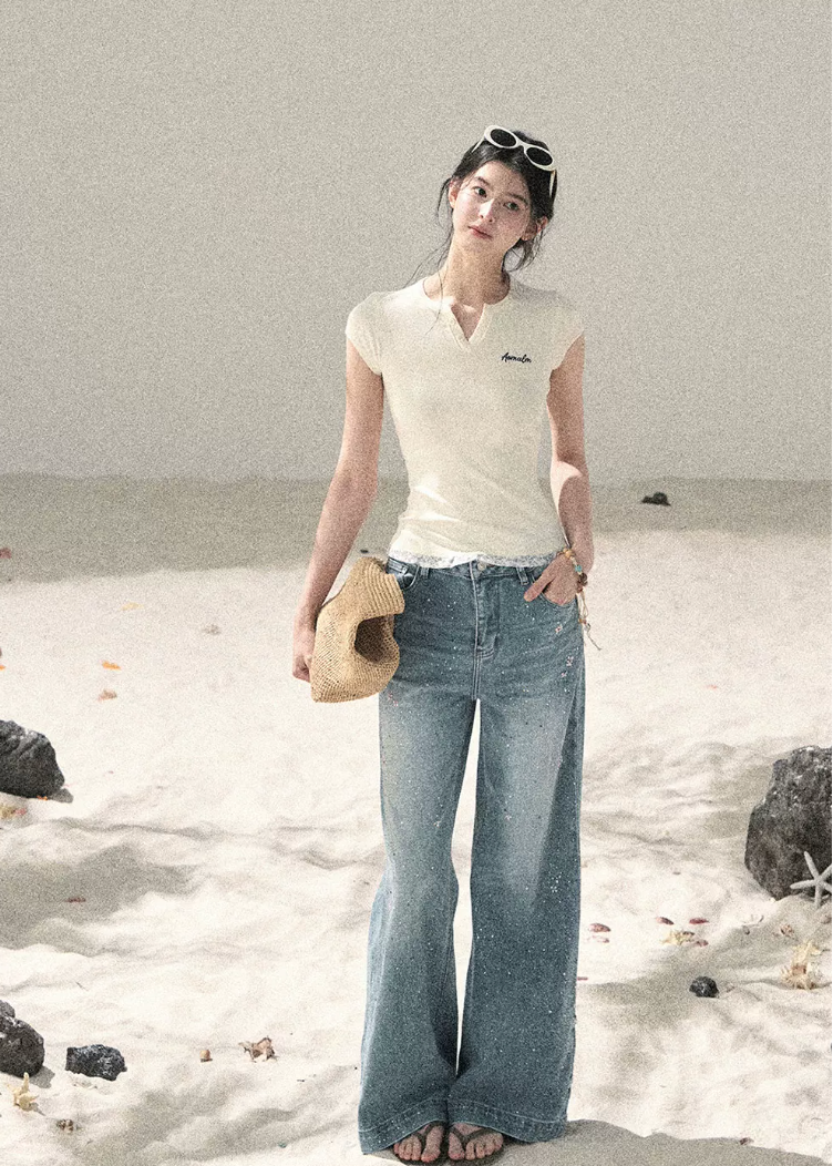aomalm jeans, wide leg jeans women, sequin jeans, galaxy denim pants, korean feminine jeans, straight wide leg denim, summer jeans women, pear shape jeans, vintage blue jeans, cotton denim trousers, stardust jeans, feminine korean fashion