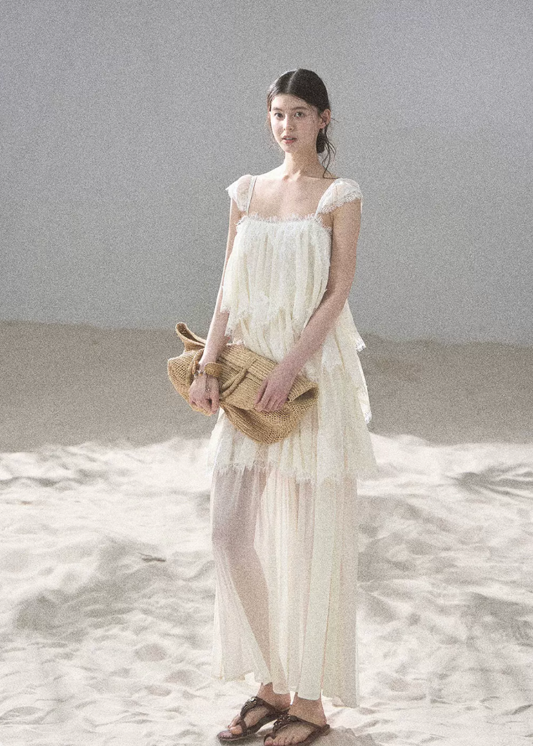 aomalm top, lace mesh top, french lace blouse, irregular lace top, korean feminine top, summer chiffon top, sheer lace blouse, resort summer top, romantic mesh top, feminine korean fashion, sea breeze top, lightweight lace t-shirt