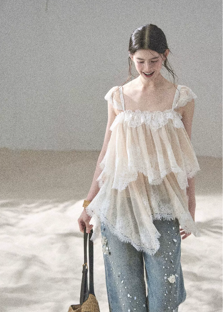 aomalm top, lace mesh top, french lace blouse, irregular lace top, korean feminine top, summer chiffon top, sheer lace blouse, resort summer top, romantic mesh top, feminine korean fashion, sea breeze top, lightweight lace t-shirt