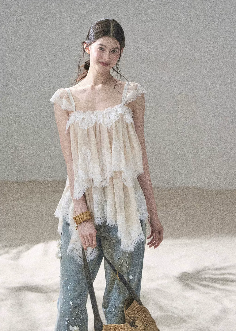 aomalm top, lace mesh top, french lace blouse, irregular lace top, korean feminine top, summer chiffon top, sheer lace blouse, resort summer top, romantic mesh top, feminine korean fashion, sea breeze top, lightweight lace t-shirt