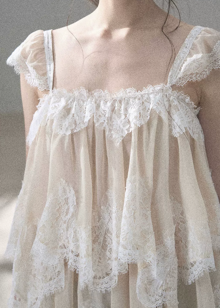 aomalm top, lace mesh top, french lace blouse, irregular lace top, korean feminine top, summer chiffon top, sheer lace blouse, resort summer top, romantic mesh top, feminine korean fashion, sea breeze top, lightweight lace t-shirt
