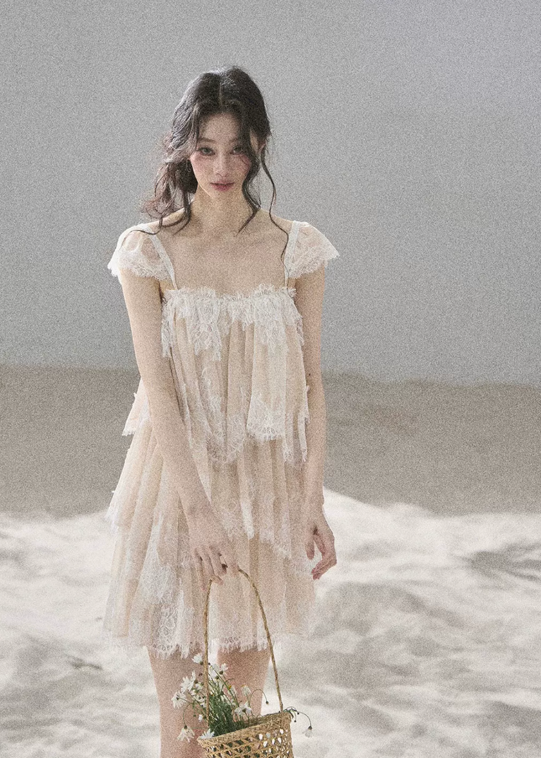 aomalm top, lace mesh top, french lace blouse, irregular lace top, korean feminine top, summer chiffon top, sheer lace blouse, resort summer top, romantic mesh top, feminine korean fashion, sea breeze top, lightweight lace t-shirt