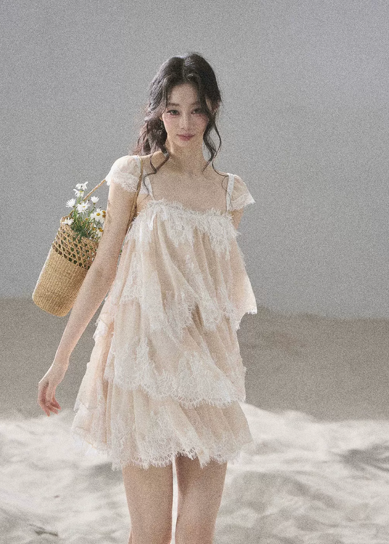 aomalm top, lace mesh top, french lace blouse, irregular lace top, korean feminine top, summer chiffon top, sheer lace blouse, resort summer top, romantic mesh top, feminine korean fashion, sea breeze top, lightweight lace t-shirt