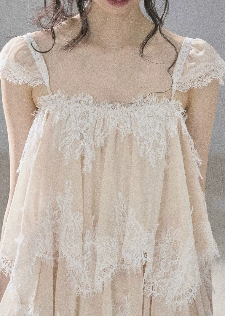 aomalm top, lace mesh top, french lace blouse, irregular lace top, korean feminine top, summer chiffon top, sheer lace blouse, resort summer top, romantic mesh top, feminine korean fashion, sea breeze top, lightweight lace t-shirt