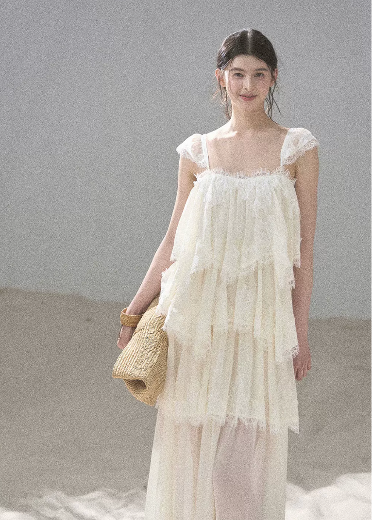 aomalm top, lace mesh top, french lace blouse, irregular lace top, korean feminine top, summer chiffon top, sheer lace blouse, resort summer top, romantic mesh top, feminine korean fashion, sea breeze top, lightweight lace t-shirt
