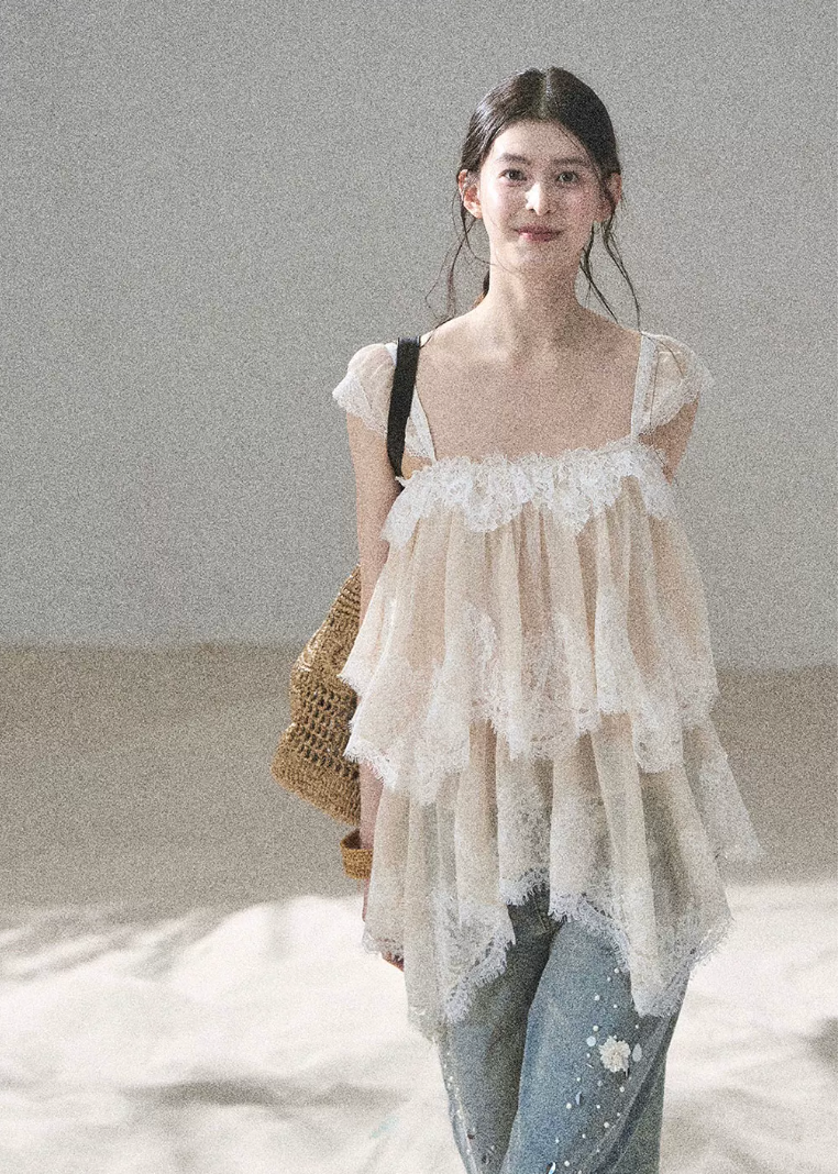 aomalm top, lace mesh top, french lace blouse, irregular lace top, korean feminine top, summer chiffon top, sheer lace blouse, resort summer top, romantic mesh top, feminine korean fashion, sea breeze top, lightweight lace t-shirt