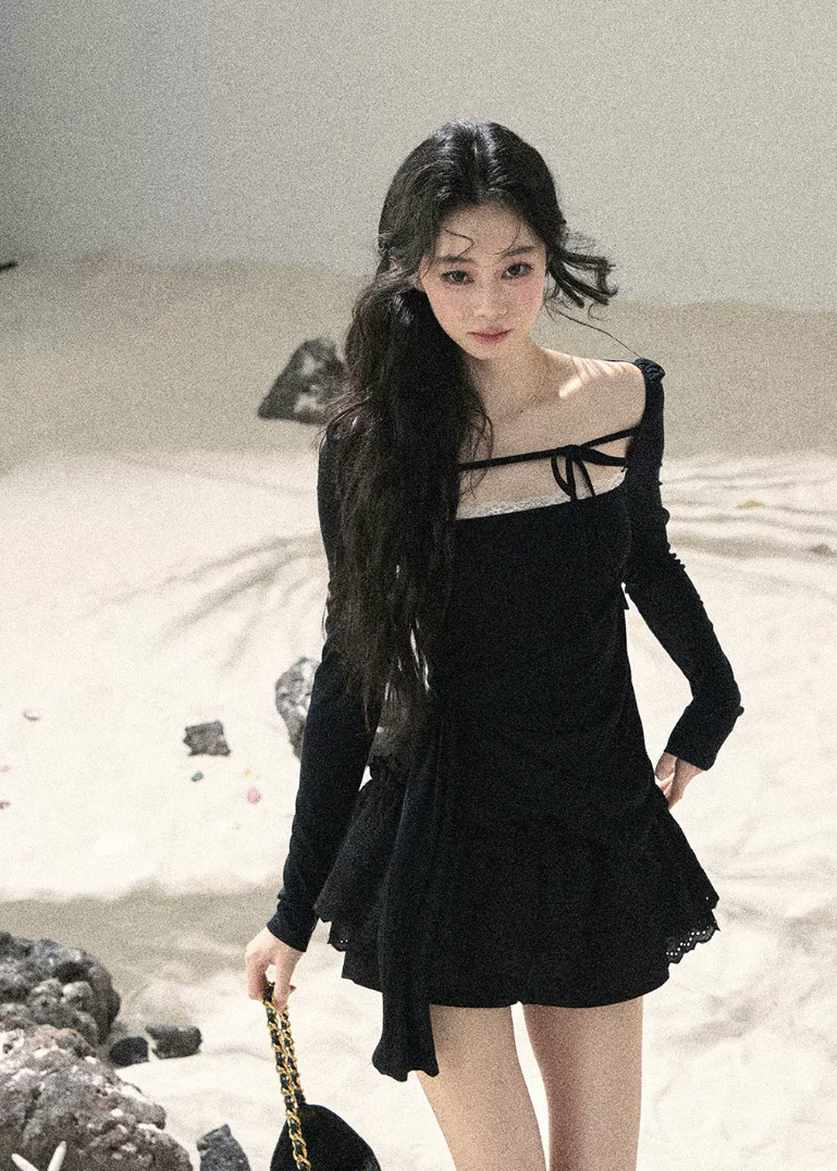 aomalm top, square neck top, lace trim top, black feminine top, long sleeve korean top, waist slimming top, ribbon detail top, romantic korean fashion, fitted summer top, hot girl top, elegant black blouse, lyocell spandex top