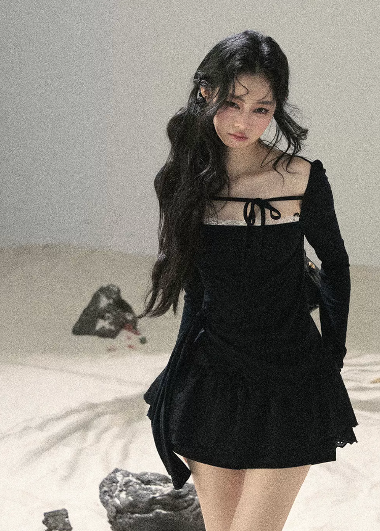 aomalm top, square neck top, lace trim top, black feminine top, long sleeve korean top, waist slimming top, ribbon detail top, romantic korean fashion, fitted summer top, hot girl top, elegant black blouse, lyocell spandex top