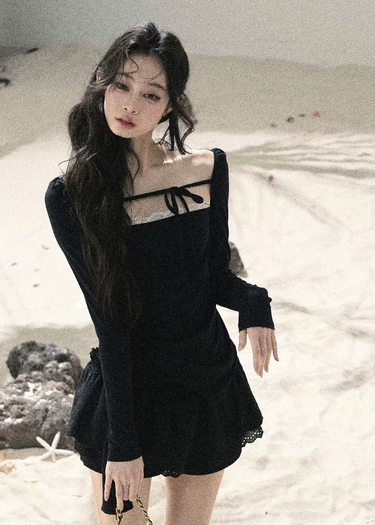 aomalm top, square neck top, lace trim top, black feminine top, long sleeve korean top, waist slimming top, ribbon detail top, romantic korean fashion, fitted summer top, hot girl top, elegant black blouse, lyocell spandex top