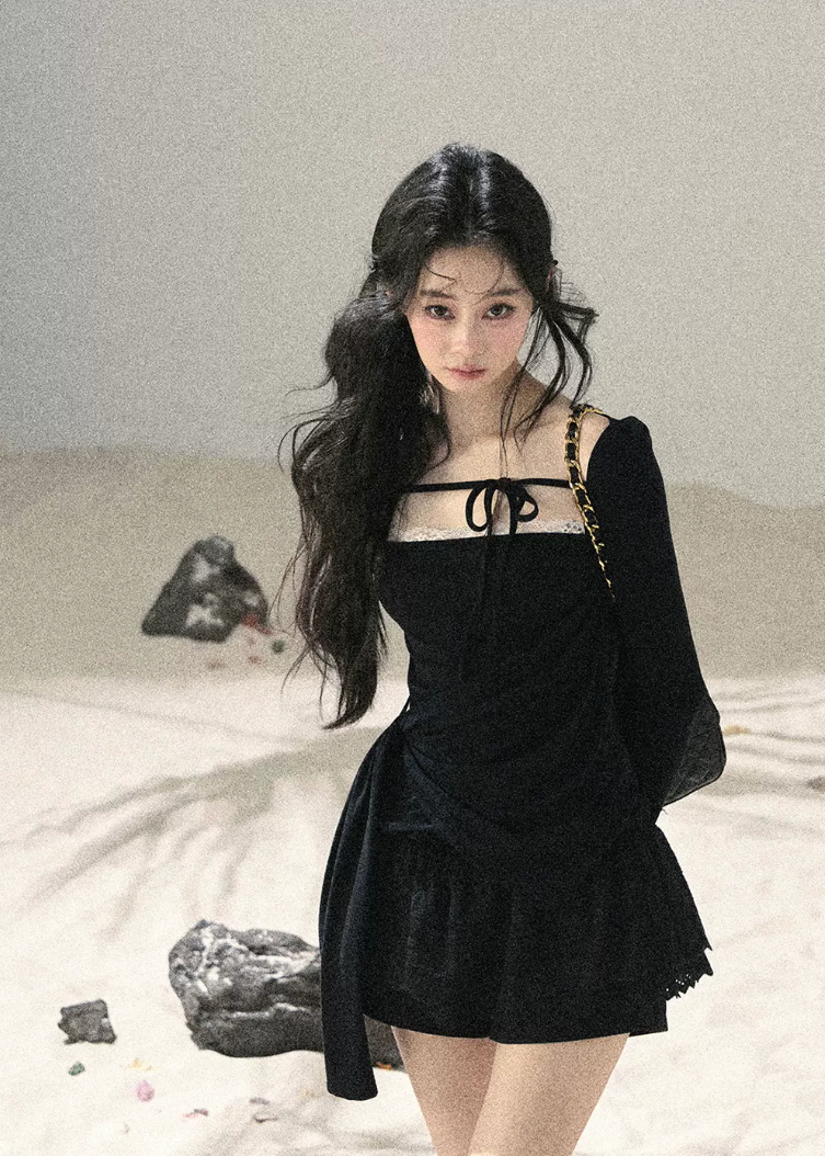 aomalm top, square neck top, lace trim top, black feminine top, long sleeve korean top, waist slimming top, ribbon detail top, romantic korean fashion, fitted summer top, hot girl top, elegant black blouse, lyocell spandex top