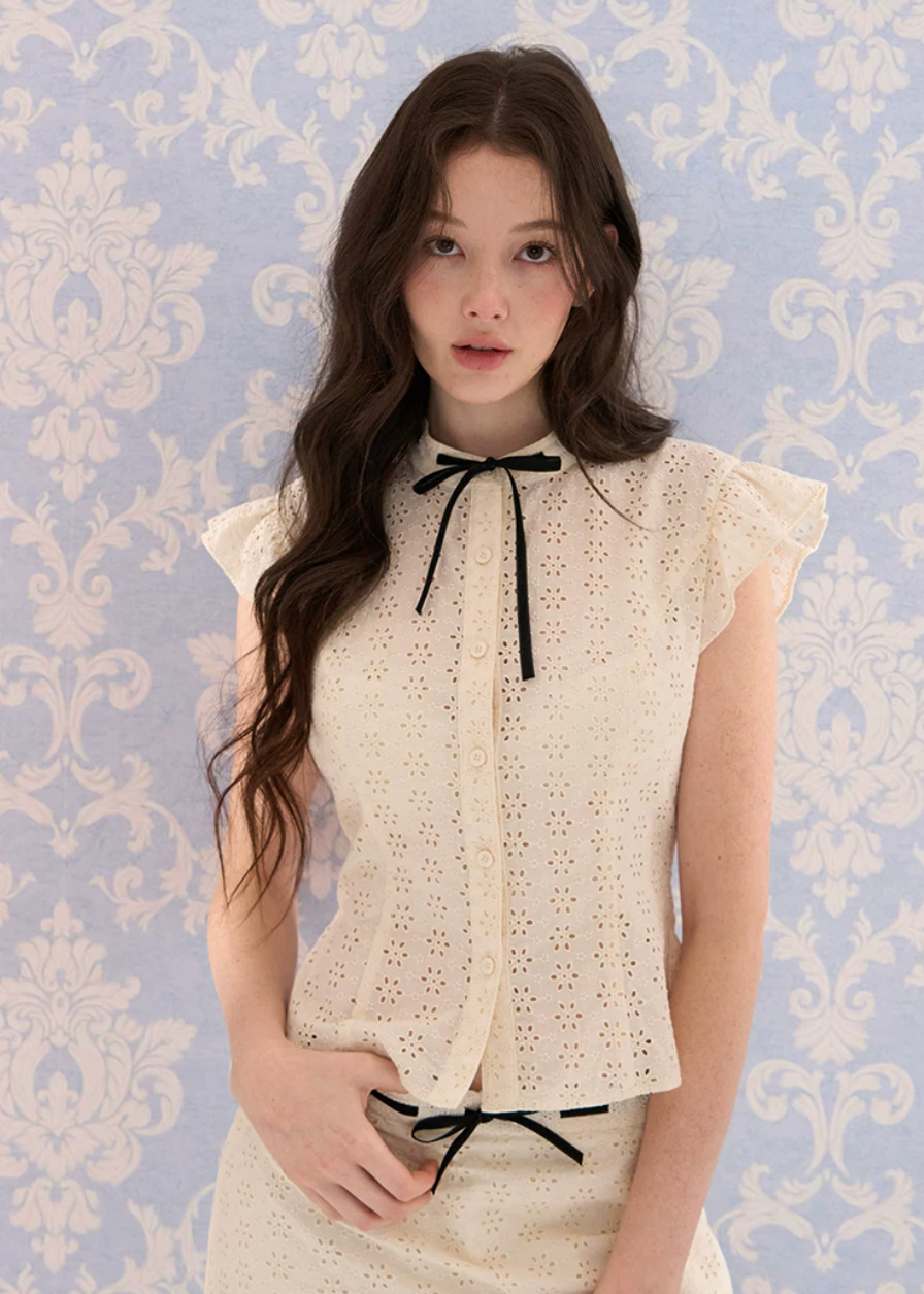 cotton eyelet set, embroidered two piece set, flutter sleeve top and skirt, Korean feminine set, ribbon collar top, pure cotton summer set, hollow embroidered top, mini skirt set, romantic Korean fashion, feminine summer outfit, café date outfit, white cotton skirt set, eyelet blouse set, sweet Korean style, summer two piece outfit
