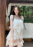 irregular lace dress, lace cake dress, summer lace mini dress, beach holiday dress, Korean feminine dress, French lace dress, resort lace dress, vintage lace dress, layered lace dress, romantic summer dress, lace vacation dress, asymmetric hem dress, feminine Korean fashion, cream lace dress, black lace mini dress