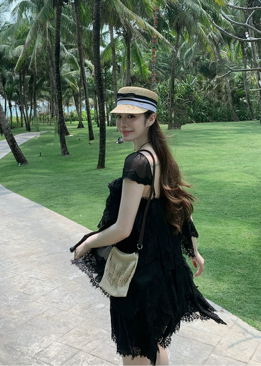 irregular lace dress, lace cake dress, summer lace mini dress, beach holiday dress, Korean feminine dress, French lace dress, resort lace dress, vintage lace dress, layered lace dress, romantic summer dress, lace vacation dress, asymmetric hem dress, feminine Korean fashion, cream lace dress, black lace mini dress