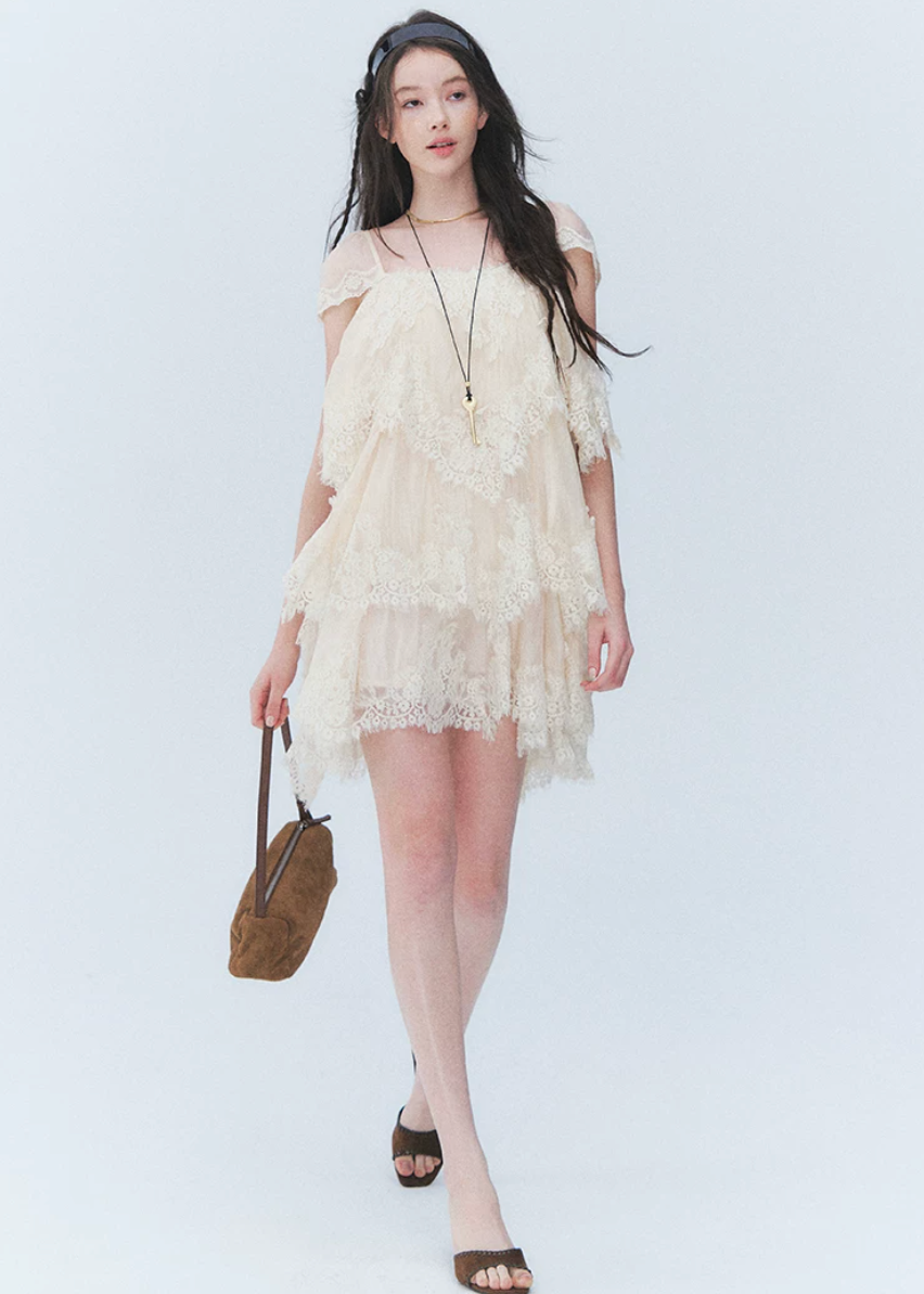 irregular lace dress, lace cake dress, summer lace mini dress, beach holiday dress, Korean feminine dress, French lace dress, resort lace dress, vintage lace dress, layered lace dress, romantic summer dress, lace vacation dress, asymmetric hem dress, feminine Korean fashion, cream lace dress, black lace mini dress