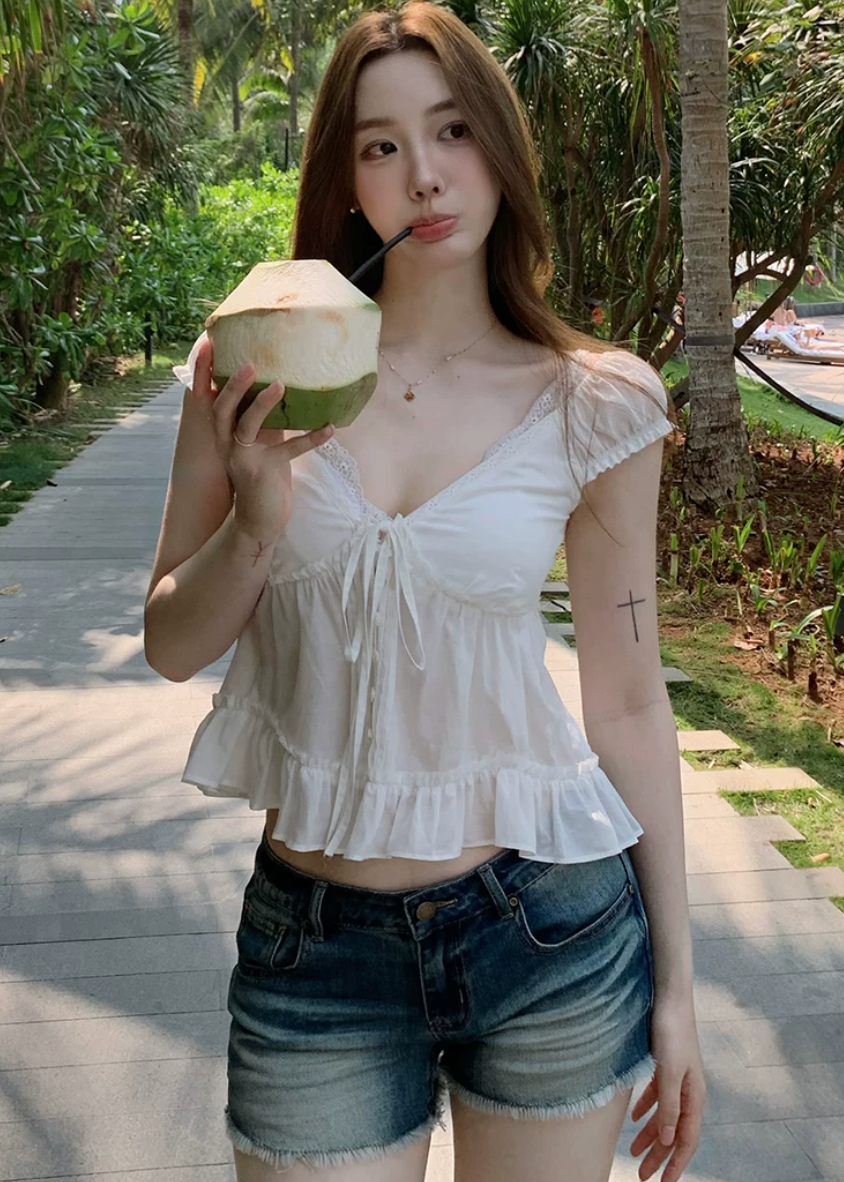 lace v neck top, summer lace top, tie front blouse, Korean feminine top, French sweet top, ruffle hem top, floral sleeve blouse, peplum summer top, romantic white top, vacation summer blouse, first love style top, feminine Korean fashion, lyocell cotton linen top, soft summer blouse, café date outfit