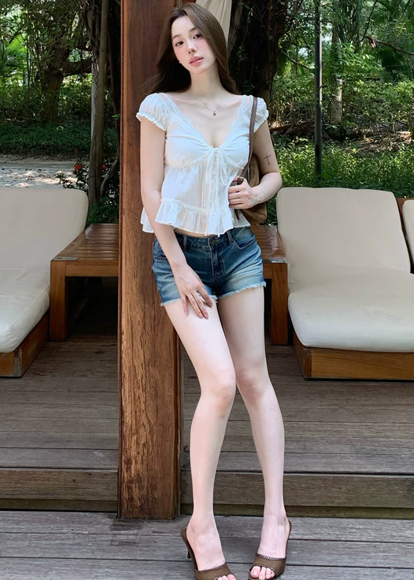 lace v neck top, summer lace top, tie front blouse, Korean feminine top, French sweet top, ruffle hem top, floral sleeve blouse, peplum summer top, romantic white top, vacation summer blouse, first love style top, feminine Korean fashion, lyocell cotton linen top, soft summer blouse, café date outfit