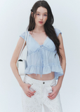 lace v neck top, summer lace top, tie front blouse, Korean feminine top, French sweet top, ruffle hem top, floral sleeve blouse, peplum summer top, romantic white top, vacation summer blouse, first love style top, feminine Korean fashion, lyocell cotton linen top, soft summer blouse, café date outfit