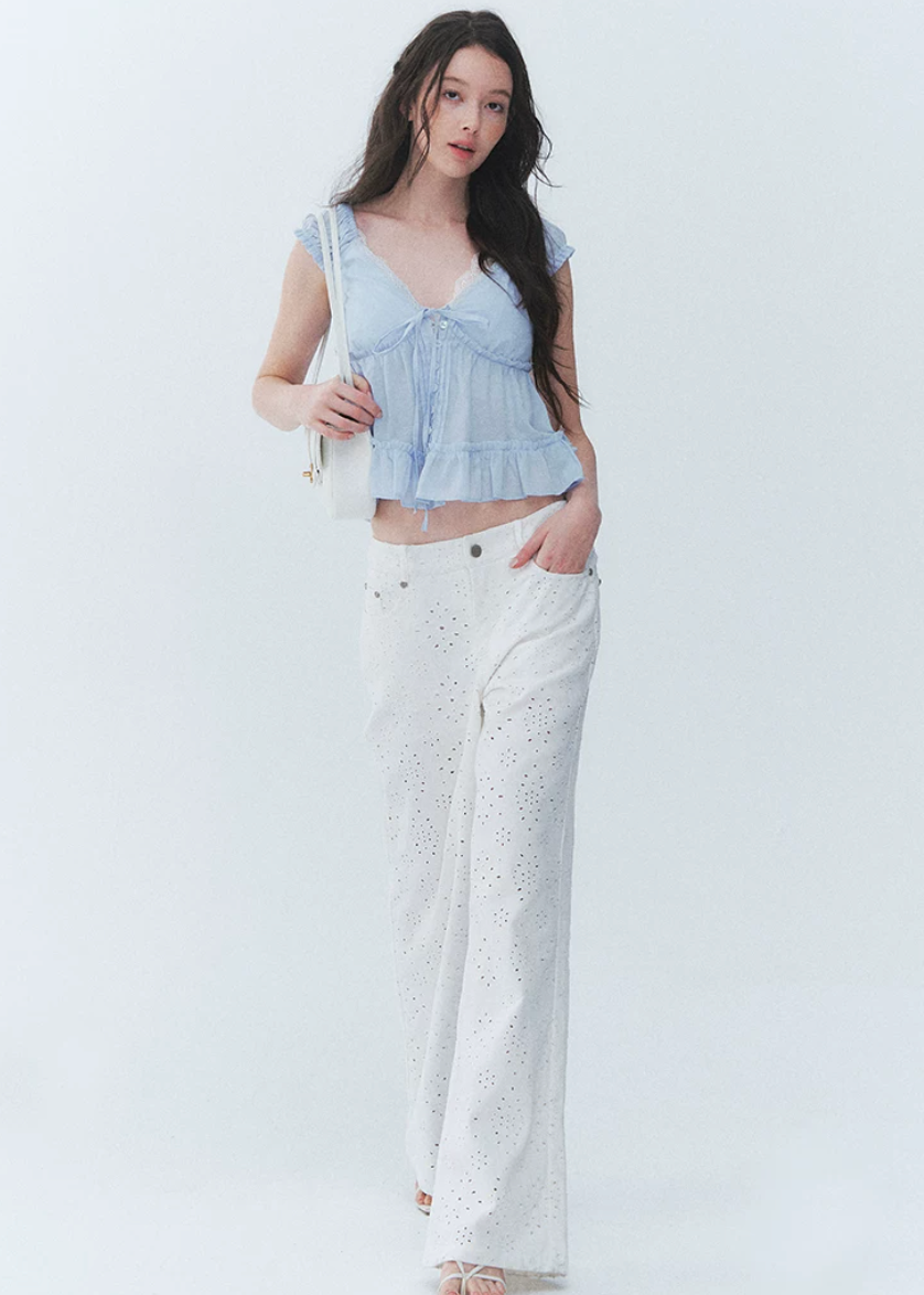 lace v neck top, summer lace top, tie front blouse, Korean feminine top, French sweet top, ruffle hem top, floral sleeve blouse, peplum summer top, romantic white top, vacation summer blouse, first love style top, feminine Korean fashion, lyocell cotton linen top, soft summer blouse, café date outfit