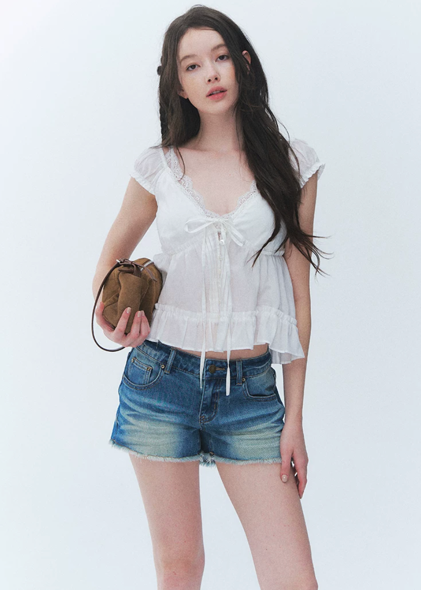 lace v neck top, summer lace top, tie front blouse, Korean feminine top, French sweet top, ruffle hem top, floral sleeve blouse, peplum summer top, romantic white top, vacation summer blouse, first love style top, feminine Korean fashion, lyocell cotton linen top, soft summer blouse, café date outfit