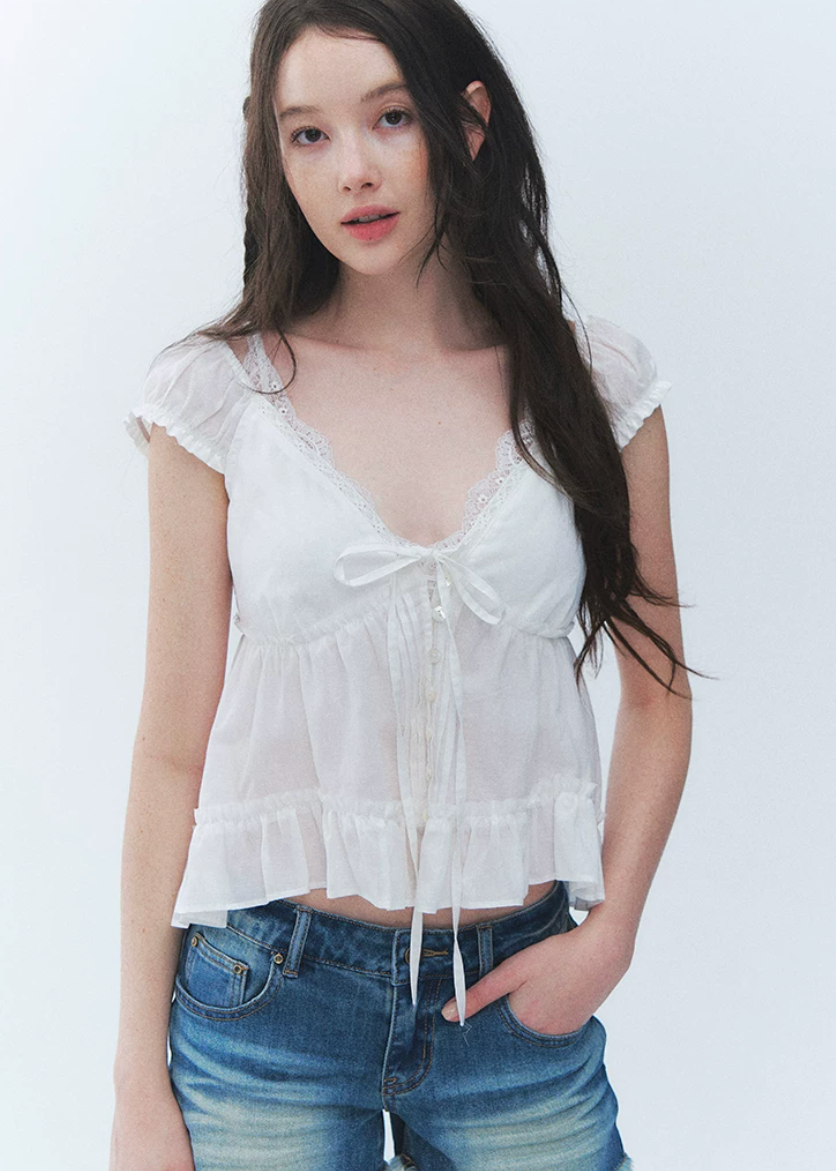 lace v neck top, summer lace top, tie front blouse, Korean feminine top, French sweet top, ruffle hem top, floral sleeve blouse, peplum summer top, romantic white top, vacation summer blouse, first love style top, feminine Korean fashion, lyocell cotton linen top, soft summer blouse, café date outfit
