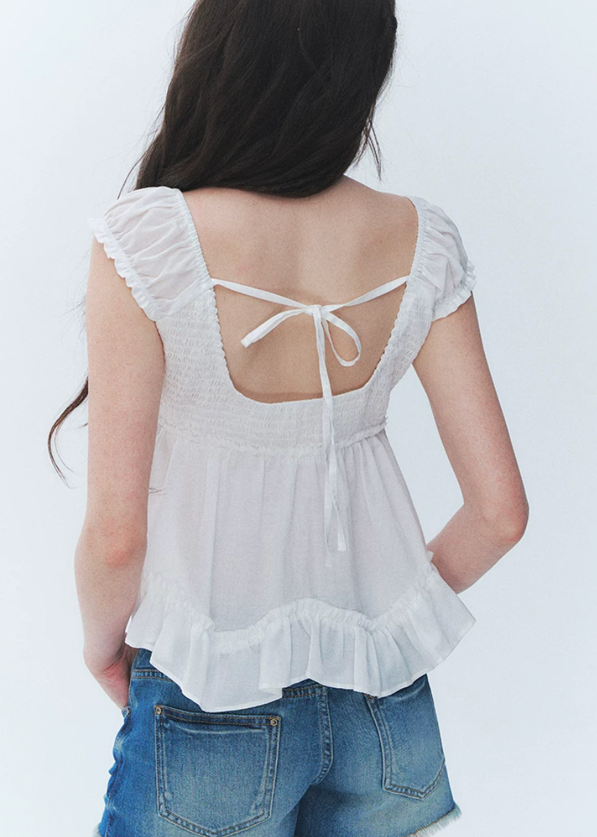 lace v neck top, summer lace top, tie front blouse, Korean feminine top, French sweet top, ruffle hem top, floral sleeve blouse, peplum summer top, romantic white top, vacation summer blouse, first love style top, feminine Korean fashion, lyocell cotton linen top, soft summer blouse, café date outfit