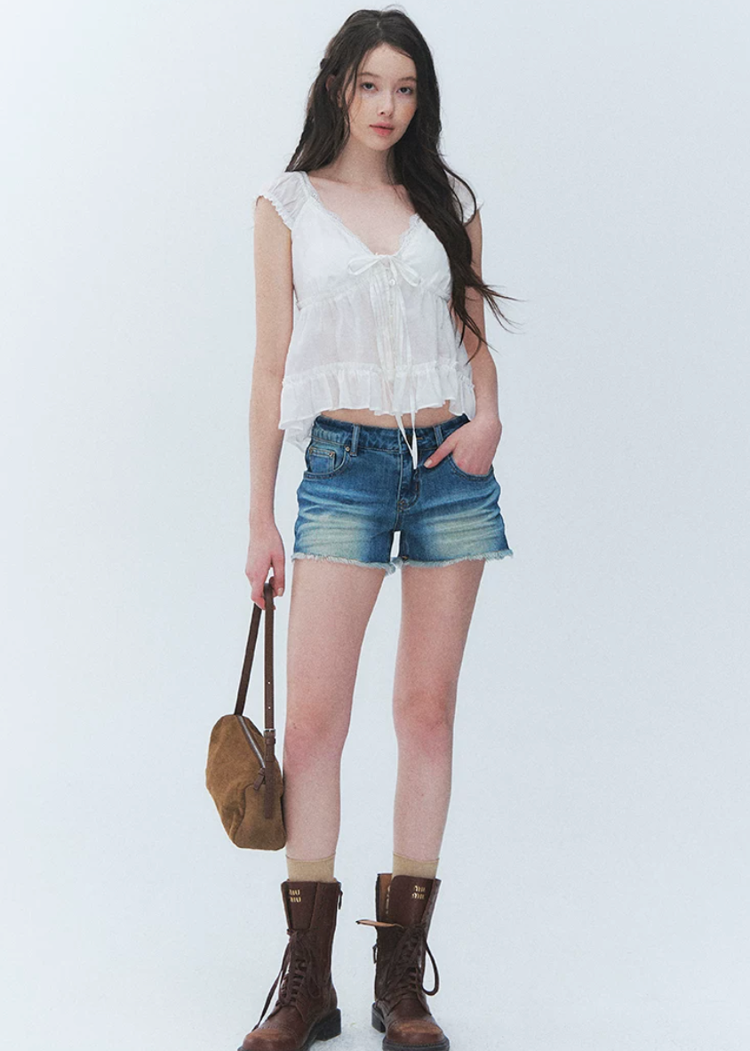 lace v neck top, summer lace top, tie front blouse, Korean feminine top, French sweet top, ruffle hem top, floral sleeve blouse, peplum summer top, romantic white top, vacation summer blouse, first love style top, feminine Korean fashion, lyocell cotton linen top, soft summer blouse, café date outfit
