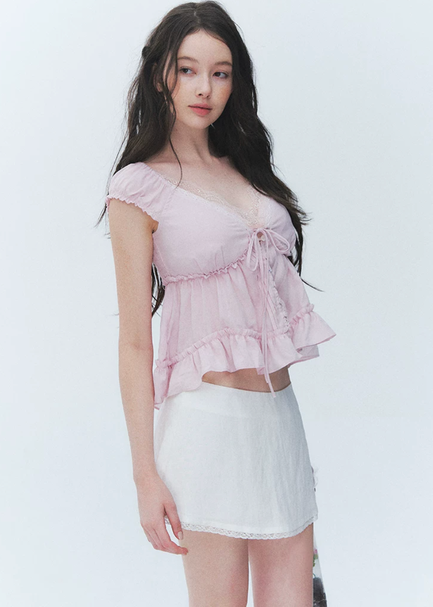 lace v neck top, summer lace top, tie front blouse, Korean feminine top, French sweet top, ruffle hem top, floral sleeve blouse, peplum summer top, romantic white top, vacation summer blouse, first love style top, feminine Korean fashion, lyocell cotton linen top, soft summer blouse, café date outfit