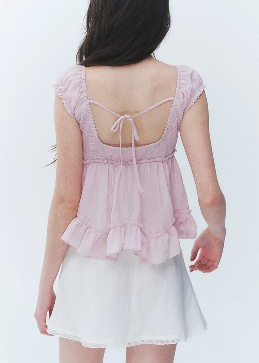 lace v neck top, summer lace top, tie front blouse, Korean feminine top, French sweet top, ruffle hem top, floral sleeve blouse, peplum summer top, romantic white top, vacation summer blouse, first love style top, feminine Korean fashion, lyocell cotton linen top, soft summer blouse, café date outfit