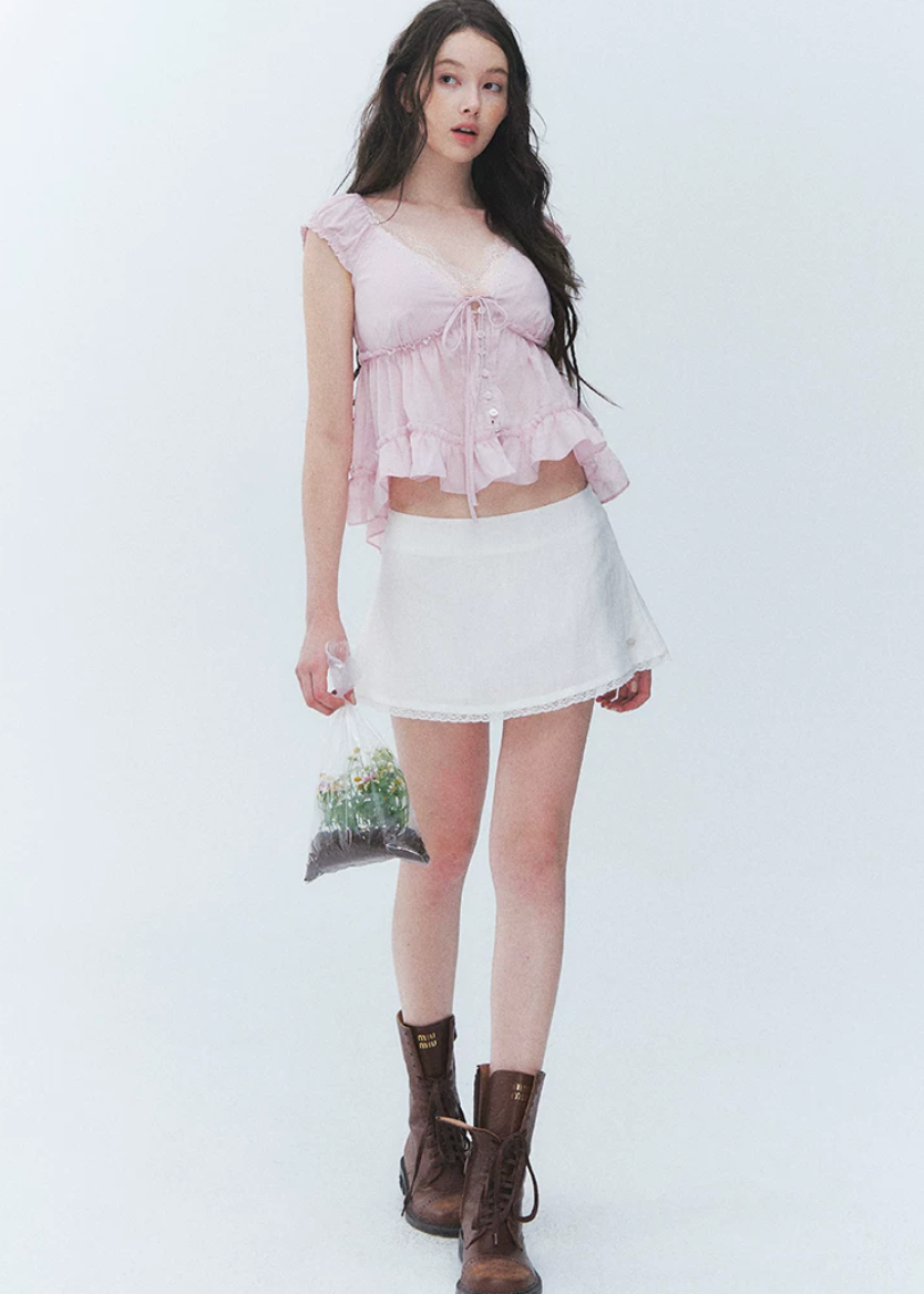 lace v neck top, summer lace top, tie front blouse, Korean feminine top, French sweet top, ruffle hem top, floral sleeve blouse, peplum summer top, romantic white top, vacation summer blouse, first love style top, feminine Korean fashion, lyocell cotton linen top, soft summer blouse, café date outfit