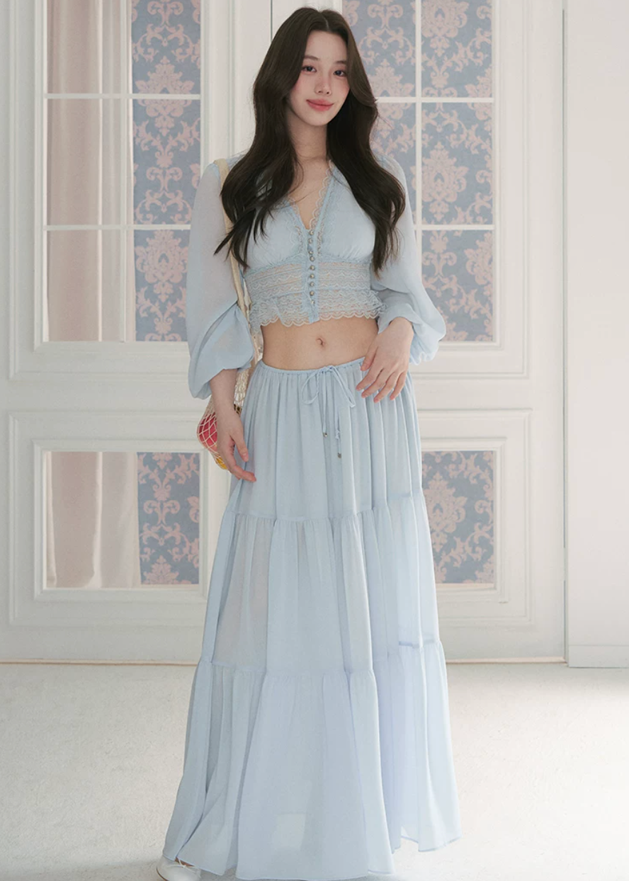 chiffon lace top, puff sleeve blouse, v neck summer top, Korean feminine top, French resort blouse, lace trim top, waist slimming blouse, cropped chiffon top, romantic summer blouse, beach vacation top, sunbathing style top, feminine Korean fashion, lightweight chiffon blouse, resort wear top, summer lace shirt