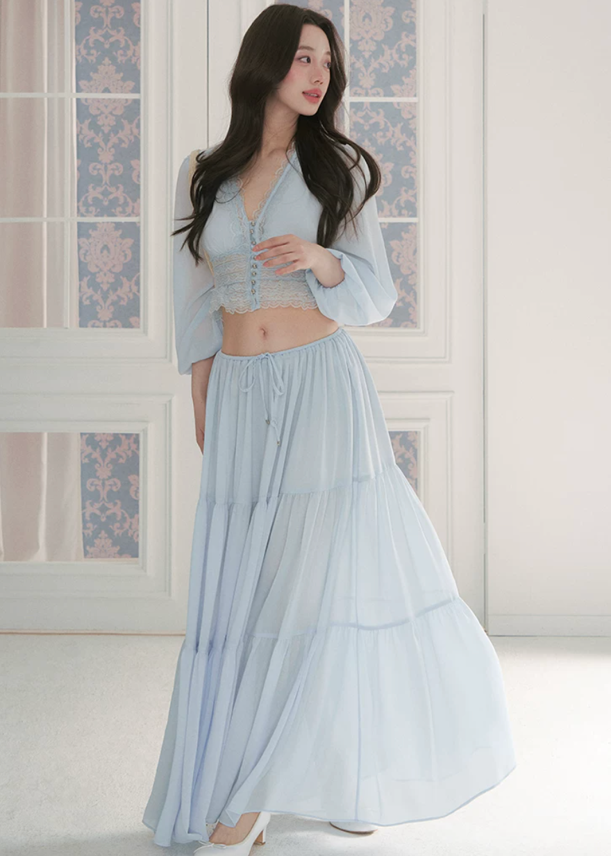 chiffon lace top, puff sleeve blouse, v neck summer top, Korean feminine top, French resort blouse, lace trim top, waist slimming blouse, cropped chiffon top, romantic summer blouse, beach vacation top, sunbathing style top, feminine Korean fashion, lightweight chiffon blouse, resort wear top, summer lace shirt