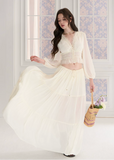chiffon lace top, puff sleeve blouse, v neck summer top, Korean feminine top, French resort blouse, lace trim top, waist slimming blouse, cropped chiffon top, romantic summer blouse, beach vacation top, sunbathing style top, feminine Korean fashion, lightweight chiffon blouse, resort wear top, summer lace shirt