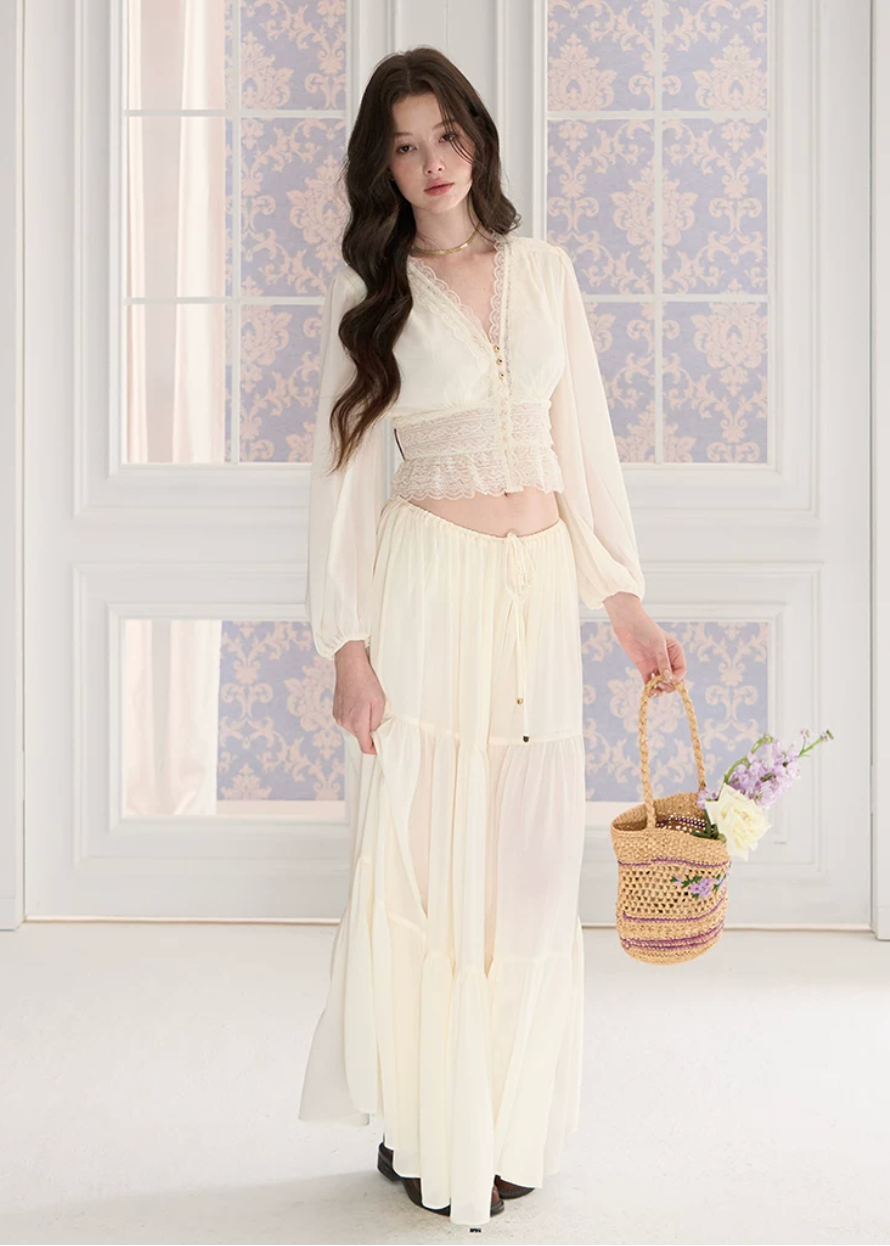 chiffon lace top, puff sleeve blouse, v neck summer top, Korean feminine top, French resort blouse, lace trim top, waist slimming blouse, cropped chiffon top, romantic summer blouse, beach vacation top, sunbathing style top, feminine Korean fashion, lightweight chiffon blouse, resort wear top, summer lace shirt