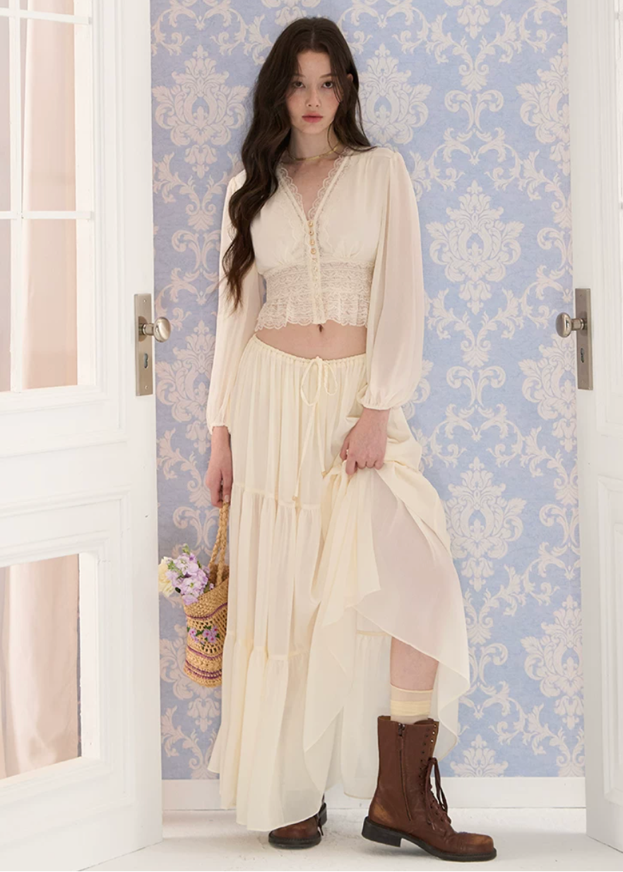 chiffon lace top, puff sleeve blouse, v neck summer top, Korean feminine top, French resort blouse, lace trim top, waist slimming blouse, cropped chiffon top, romantic summer blouse, beach vacation top, sunbathing style top, feminine Korean fashion, lightweight chiffon blouse, resort wear top, summer lace shirt