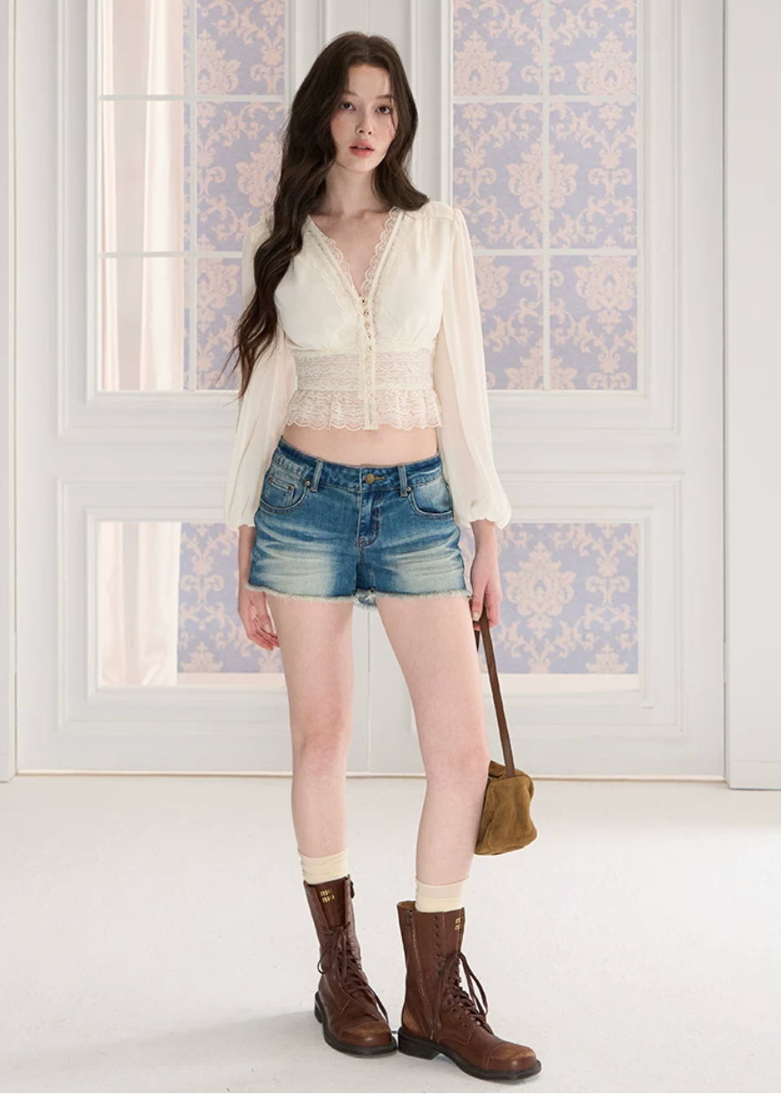 chiffon lace top, puff sleeve blouse, v neck summer top, Korean feminine top, French resort blouse, lace trim top, waist slimming blouse, cropped chiffon top, romantic summer blouse, beach vacation top, sunbathing style top, feminine Korean fashion, lightweight chiffon blouse, resort wear top, summer lace shirt