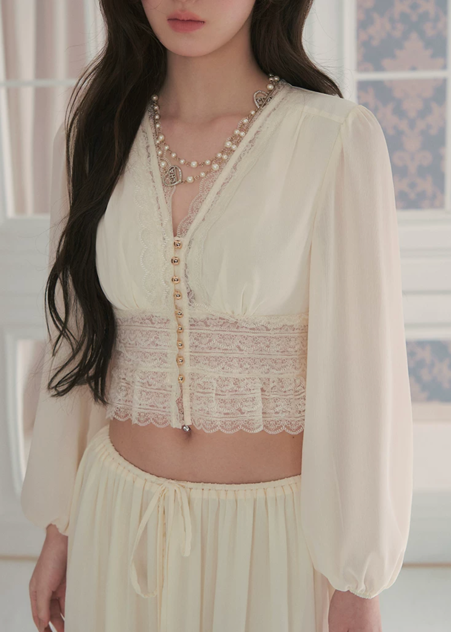 chiffon lace top, puff sleeve blouse, v neck summer top, Korean feminine top, French resort blouse, lace trim top, waist slimming blouse, cropped chiffon top, romantic summer blouse, beach vacation top, sunbathing style top, feminine Korean fashion, lightweight chiffon blouse, resort wear top, summer lace shirt