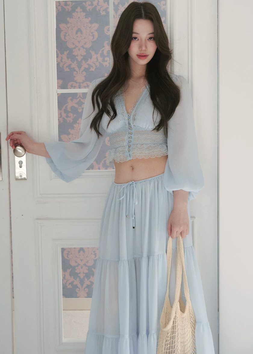 chiffon cake skirt, low rise maxi skirt, resort style skirt, tiered chiffon skirt, feminine Korean skirt, romantic summer skirt, draped long skirt, beach vacation skirt, airy summer skirt, soft chiffon maxi skirt, elegant resort outfit, flowing tiered skirt, Korean feminine fashion, vacation ready skirt, lightweight long skirt