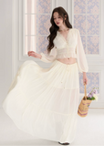 chiffon cake skirt, low rise maxi skirt, resort style skirt, tiered chiffon skirt, feminine Korean skirt, romantic summer skirt, draped long skirt, beach vacation skirt, airy summer skirt, soft chiffon maxi skirt, elegant resort outfit, flowing tiered skirt, Korean feminine fashion, vacation ready skirt, lightweight long skirt
