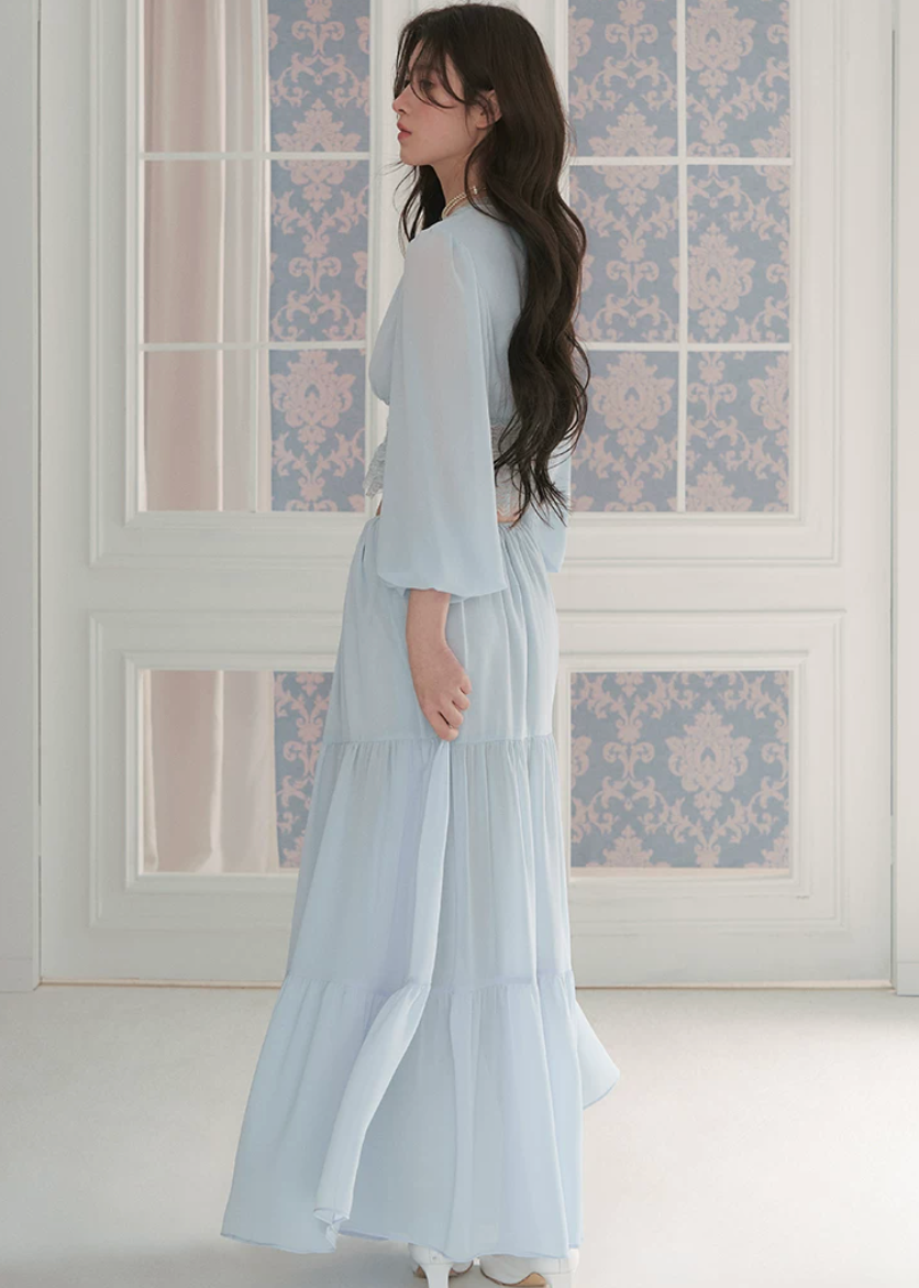 chiffon cake skirt, low rise maxi skirt, resort style skirt, tiered chiffon skirt, feminine Korean skirt, romantic summer skirt, draped long skirt, beach vacation skirt, airy summer skirt, soft chiffon maxi skirt, elegant resort outfit, flowing tiered skirt, Korean feminine fashion, vacation ready skirt, lightweight long skirt