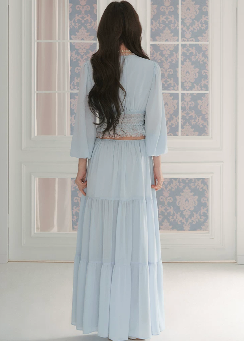 chiffon cake skirt, low rise maxi skirt, resort style skirt, tiered chiffon skirt, feminine Korean skirt, romantic summer skirt, draped long skirt, beach vacation skirt, airy summer skirt, soft chiffon maxi skirt, elegant resort outfit, flowing tiered skirt, Korean feminine fashion, vacation ready skirt, lightweight long skirt